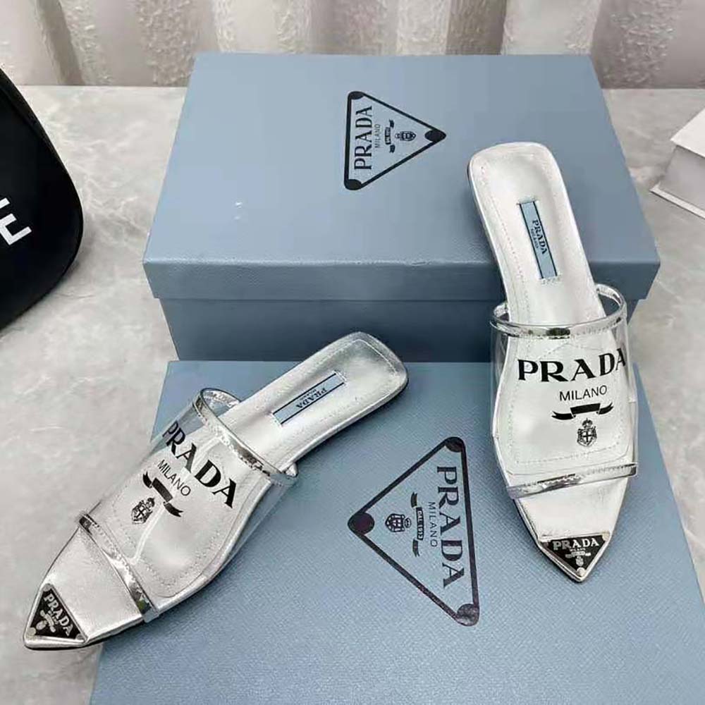 Prada Women Logo-Print Plexiglas Slides-Silver - image 4