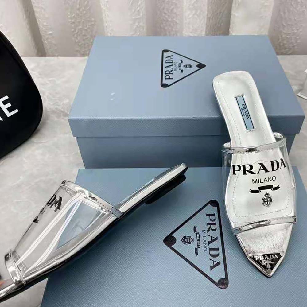 Prada Women Logo-Print Plexiglas Slides-Silver - image 9