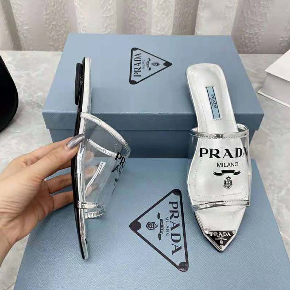 Prada Women Logo-Print Plexiglas Slides-Silver - image 6
