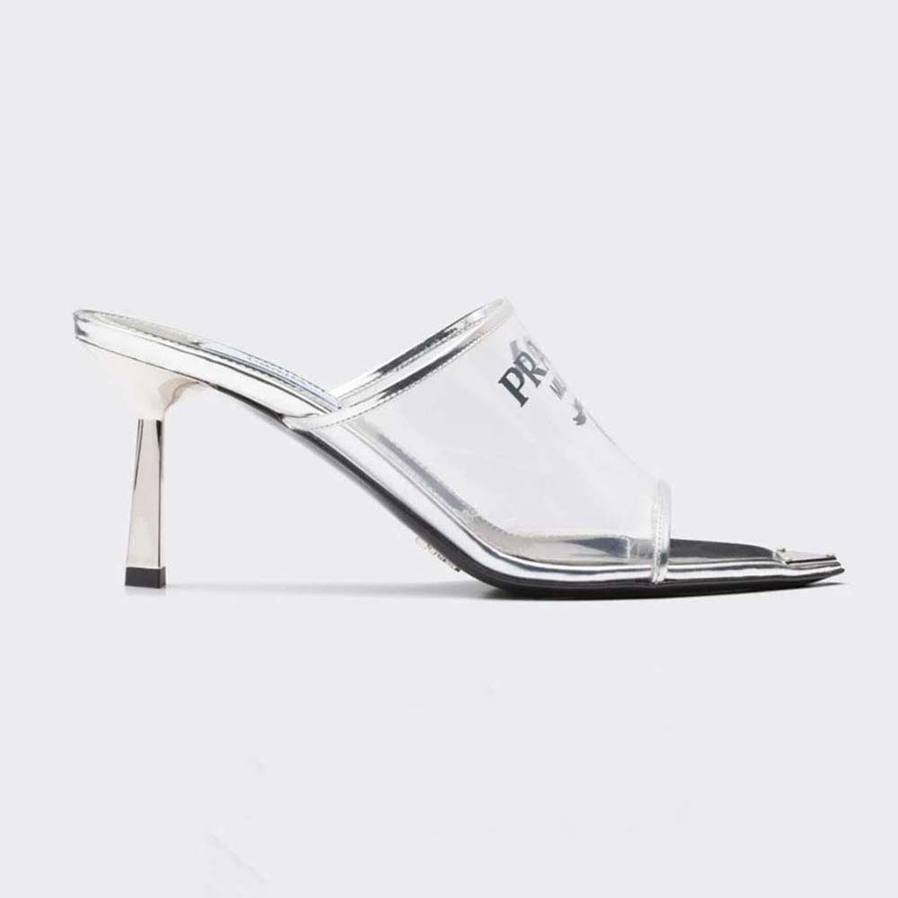 Side view of Prada Women Logo-print Plexiglas High-Heel Slides silver color