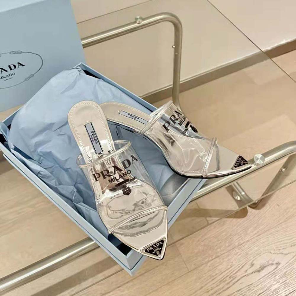 Rear angle showing 75mm heel height on Prada Women Logo-print Plexiglas Slides