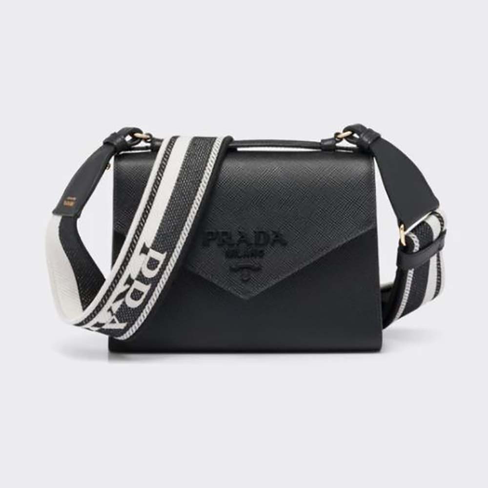 Front view of Prada Women Monochrome Saffiano and Leather Bag-Black
