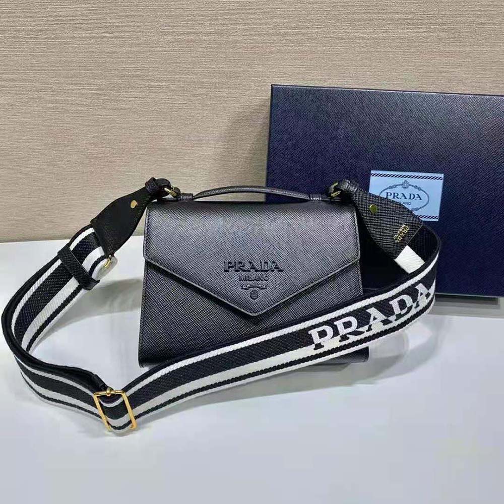 Close-up of silver-tone hardware on Prada Women Monochrome Saffiano and Leather Bag-Black