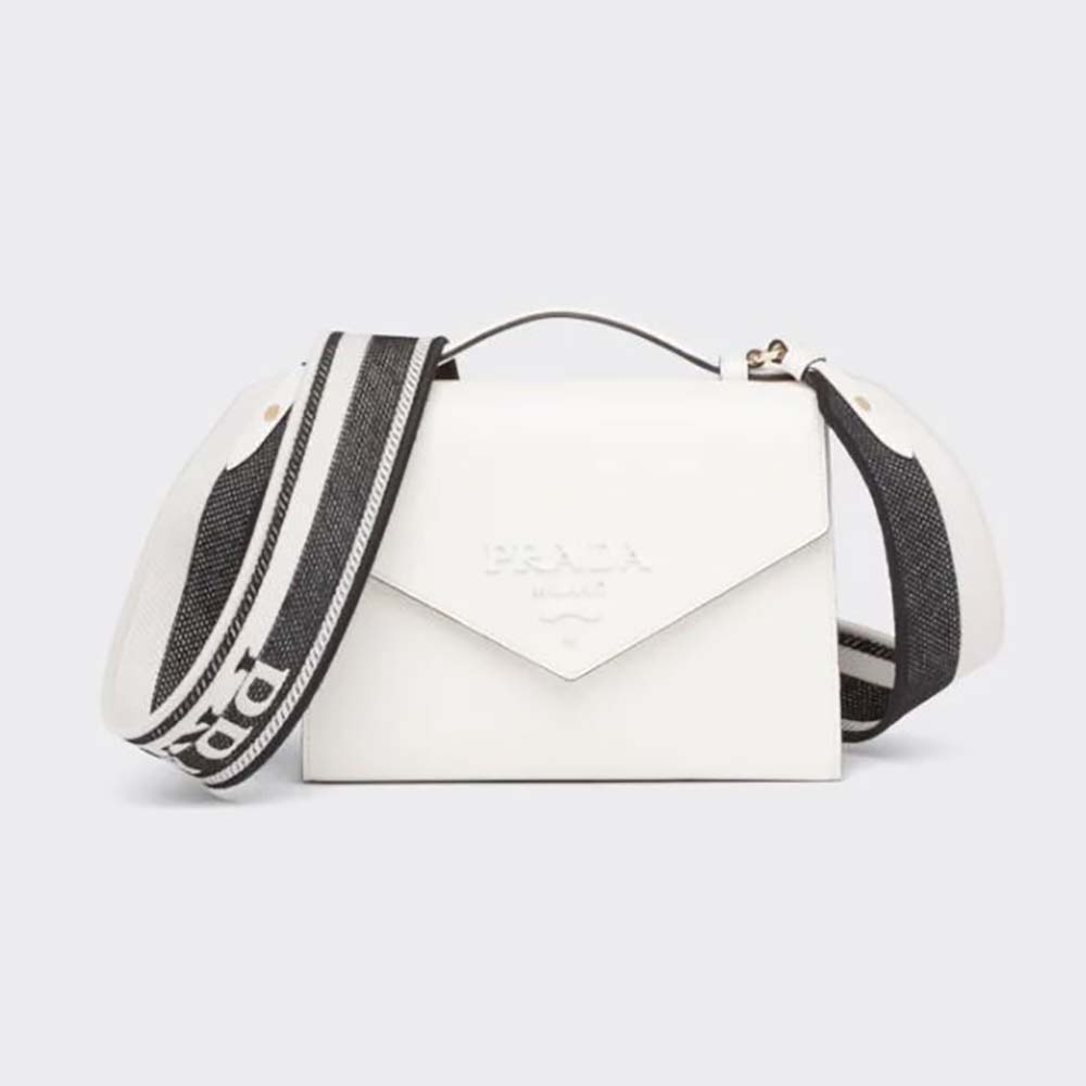 Front view of Prada Women Monochrome Saffiano and Leather Bag-White with logo