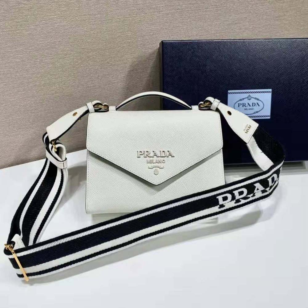 Close-up of white saffiano texture and polished hardware on Prada bag
