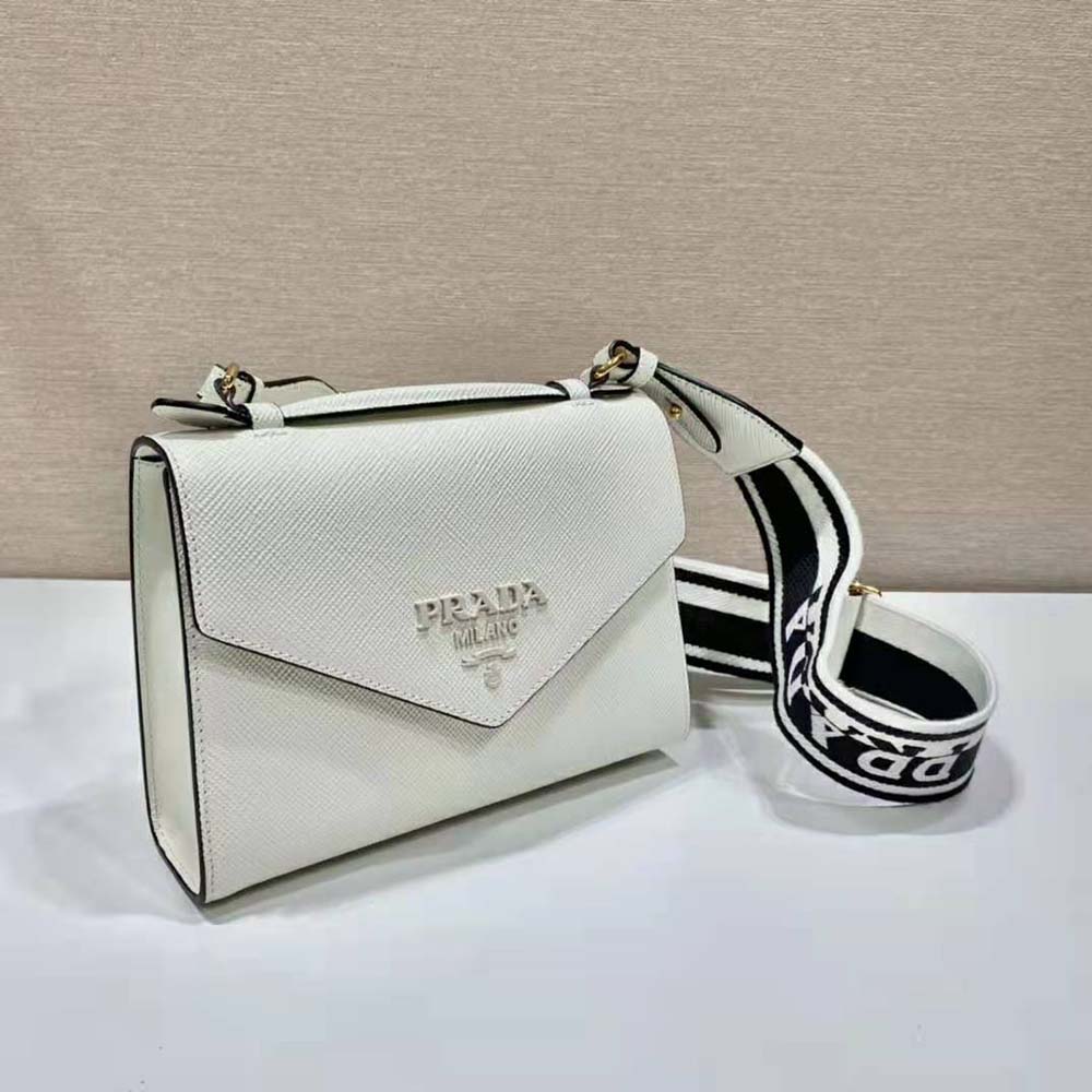 Side angle showing compact silhouette of Prada Women Monochrome Saffiano and Leather Bag-White