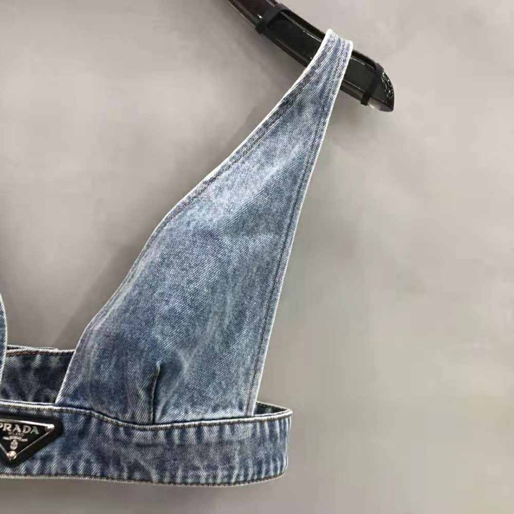 Prada Women Organic Denim Top with Plunging V Neck is Made of Washed Organic Denim-Blue - image 4