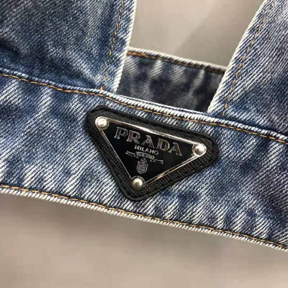Prada Women Organic Denim Top with Plunging V Neck is Made of Washed Organic Denim-Blue - image 6