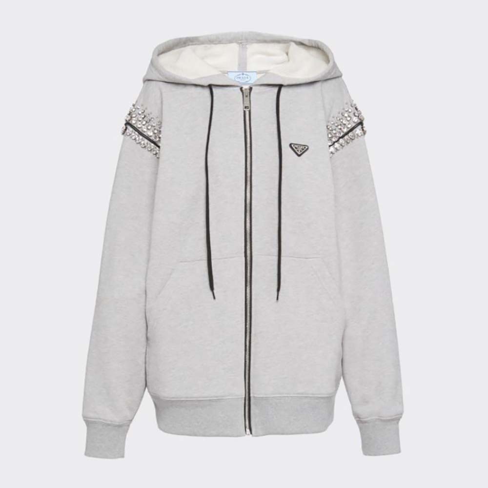 Front view of Prada Women Oversized Studded Hoodie-Silver showing zipper