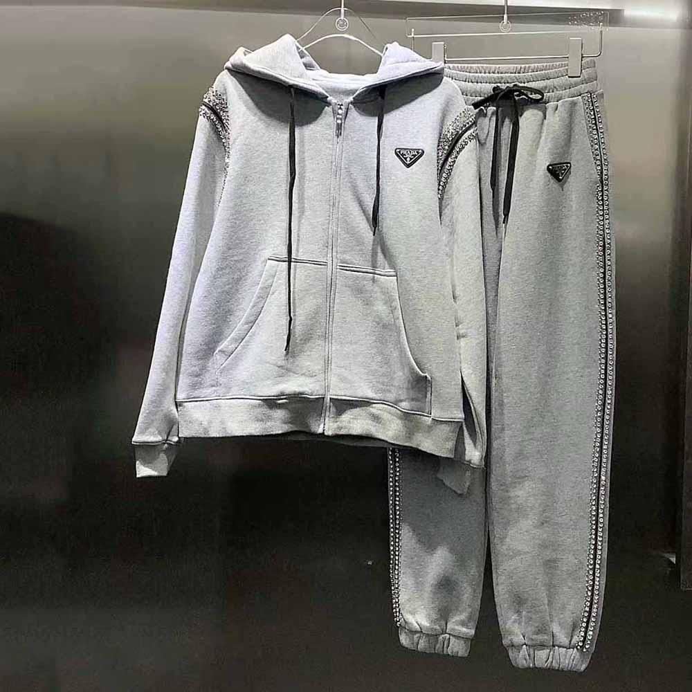 Side angle highlighting oversized silhouette of Prada Women Oversized Studded Hoodie-Silver