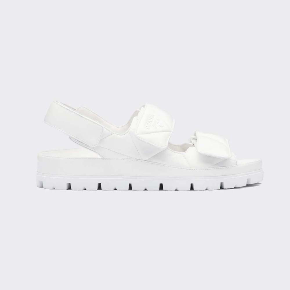 Side angle view of Prada Women Padded Nappa Leather Sandals-White