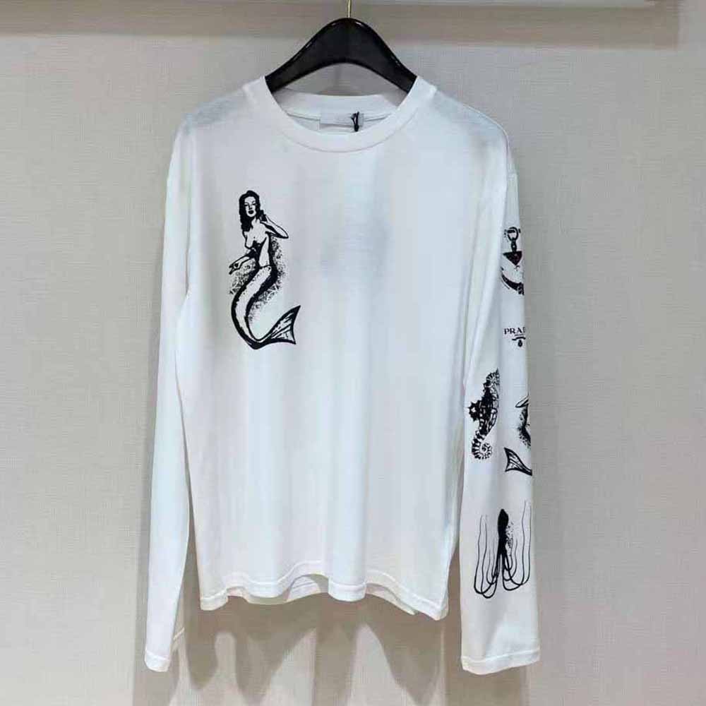 Side angle showing relaxed fit of Prada Women Printed Cotton T-shirt