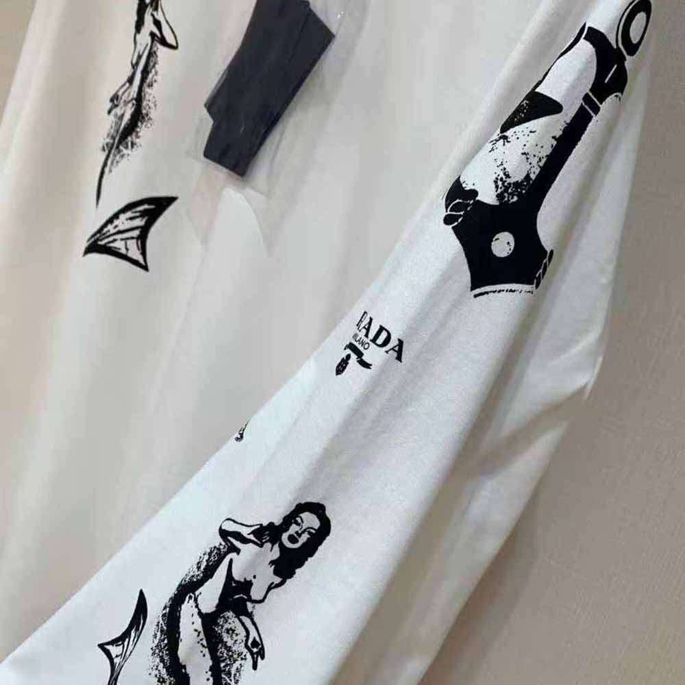Prada Women Printed Cotton T-shirt with the Lettering Logo-White - image 7