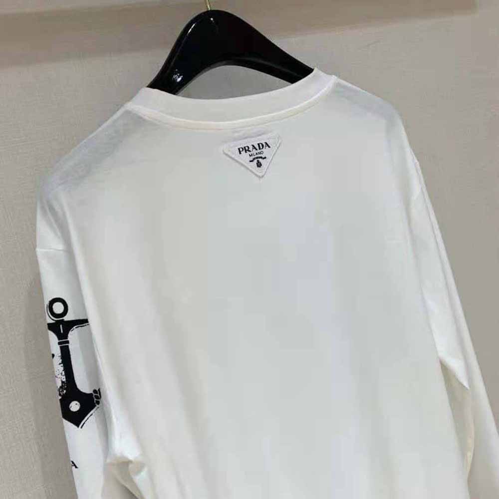 Prada Women Printed Cotton T-shirt with the Lettering Logo-White - image 6