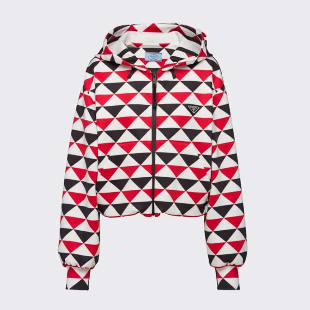 Front view of Prada Women Printed Jersey Hoodie-Red with logo detail