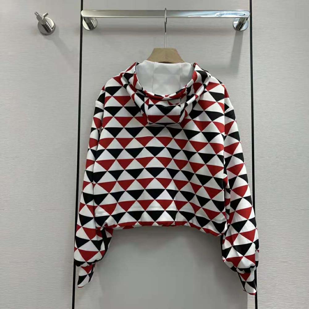Side angle showing relaxed fit of Prada Women Printed Jersey Hoodie-Red