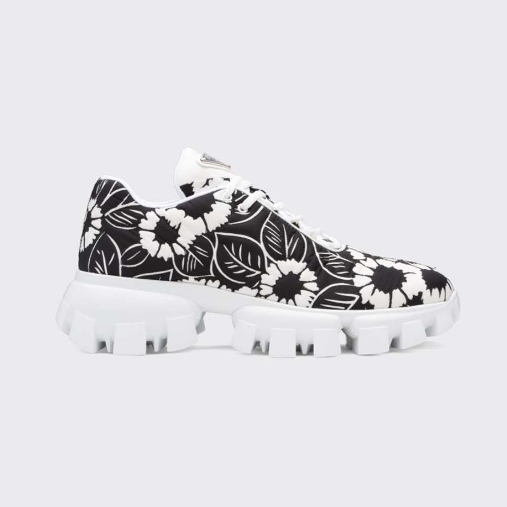 Side profile of Prada Women Printed Nylon Sneakers-Black showing silhouette