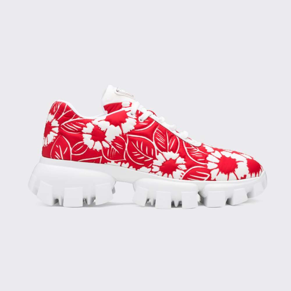 Side view of Prada Women Printed Nylon Sneakers-Red showing lace-up detail
