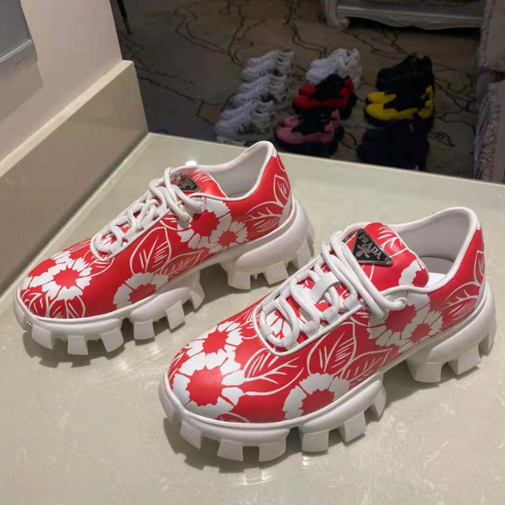 Top-down angle of Prada Women Printed Nylon Sneakers-Red with rubber sole