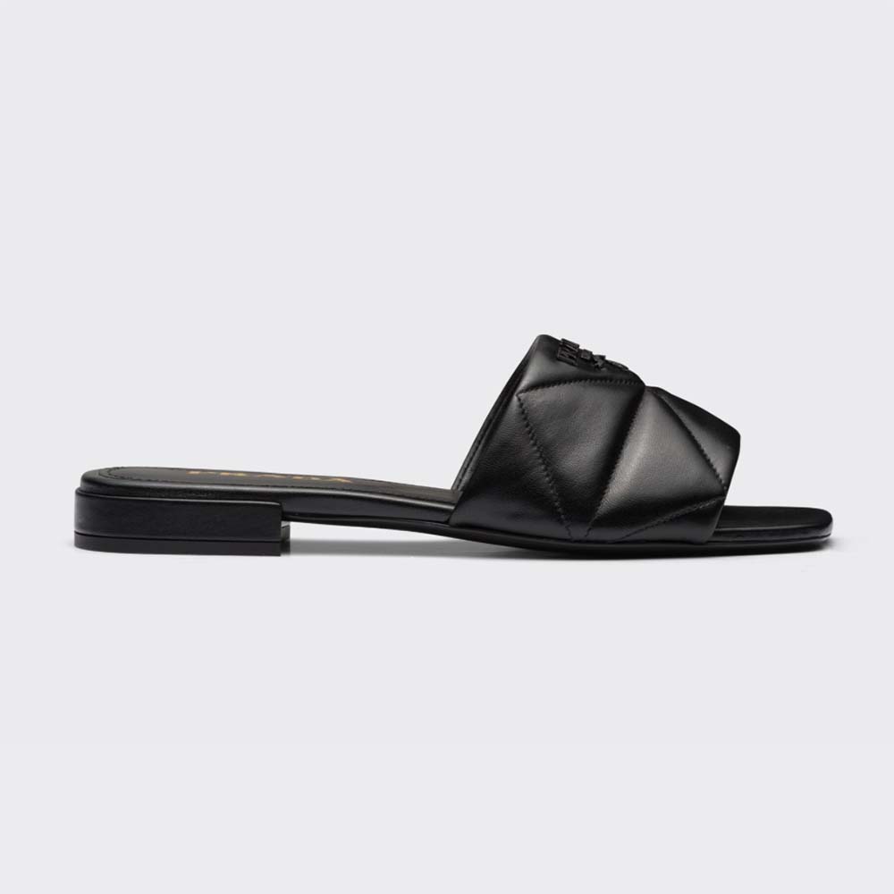 Side profile of Prada Women Quilted Nappa Leather Sabots-Black showcasing silhouette
