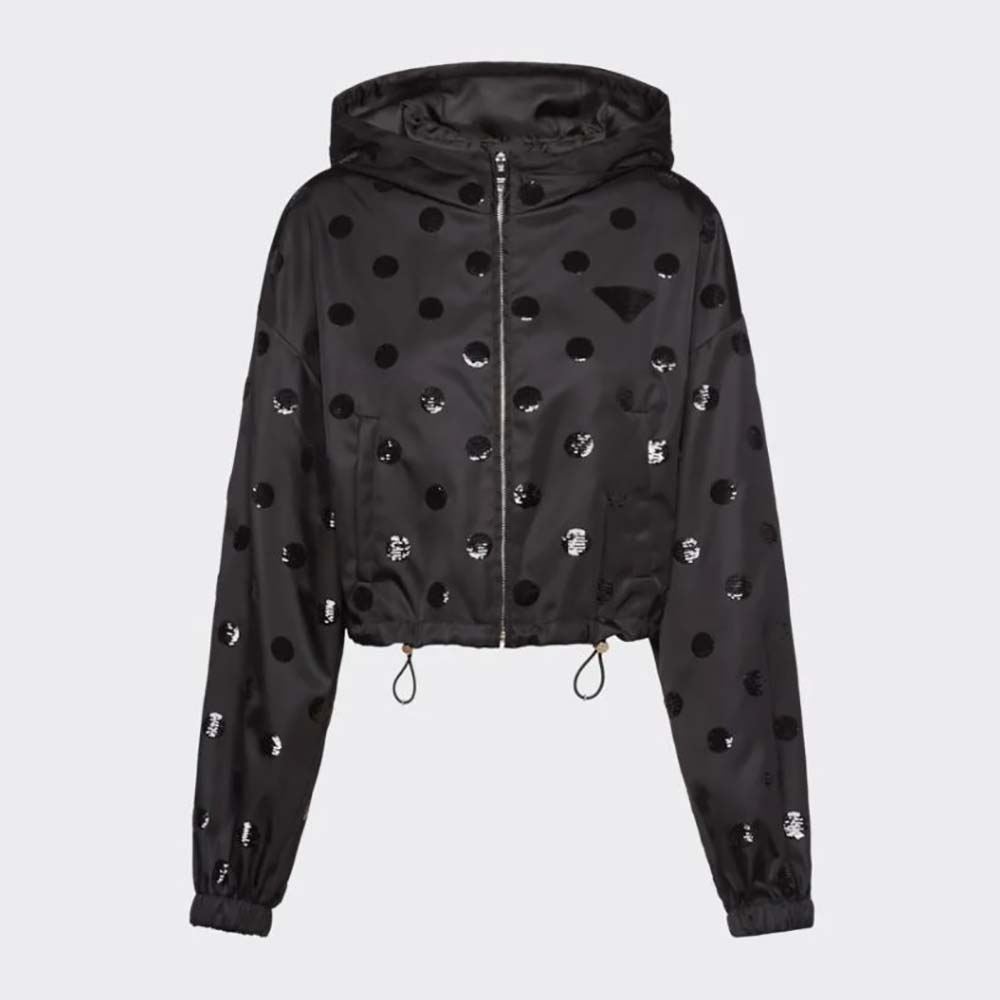 Front view of Prada Women Re-Nylon Embroidered Jacket-Black with zipper