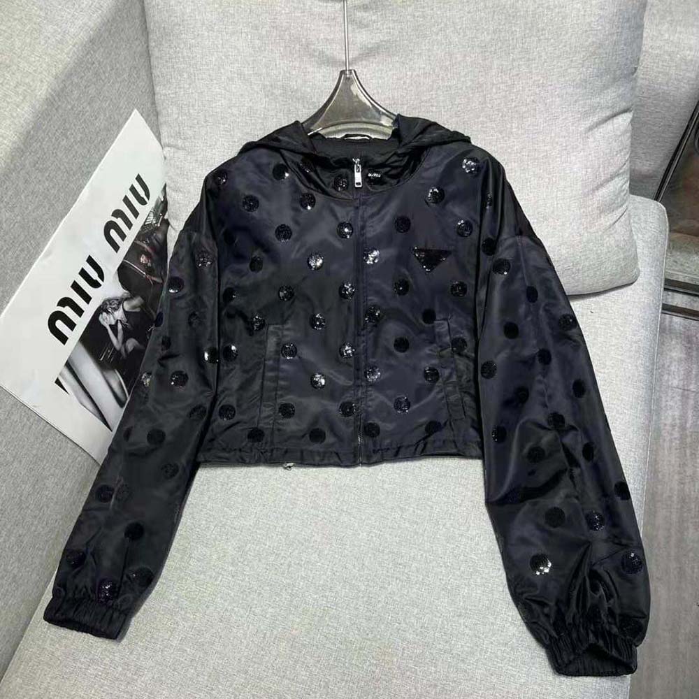 Side profile showing tailored fit of Prada Women Re-Nylon Embroidered Jacket-Black