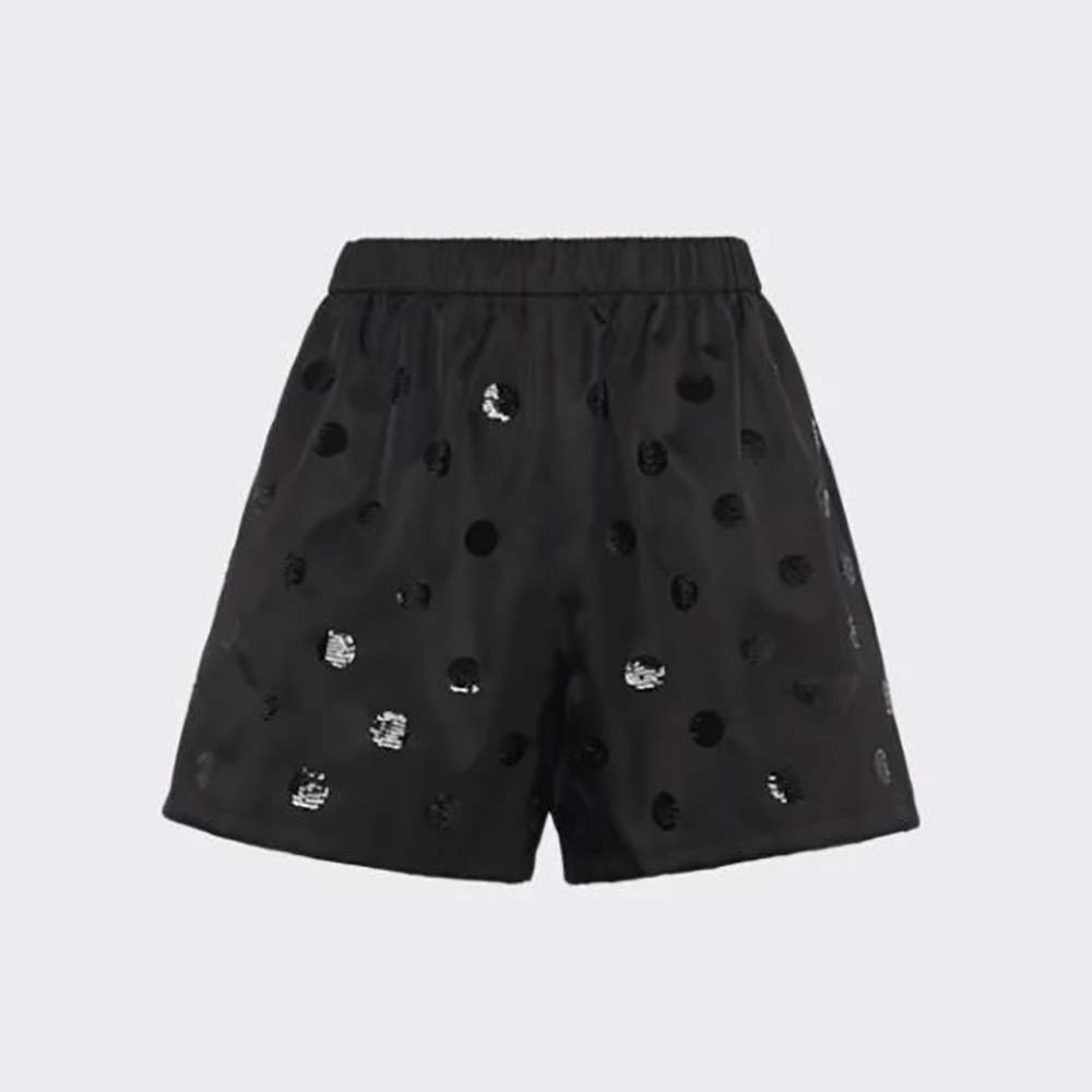 Front view of Prada Women Re-Nylon Sequin Shorts-Black showcasing sequin detail