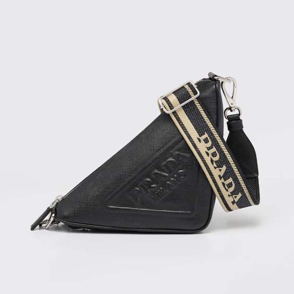 Front angled view of Prada Women Saffiano Prada Triangle Bag-Black