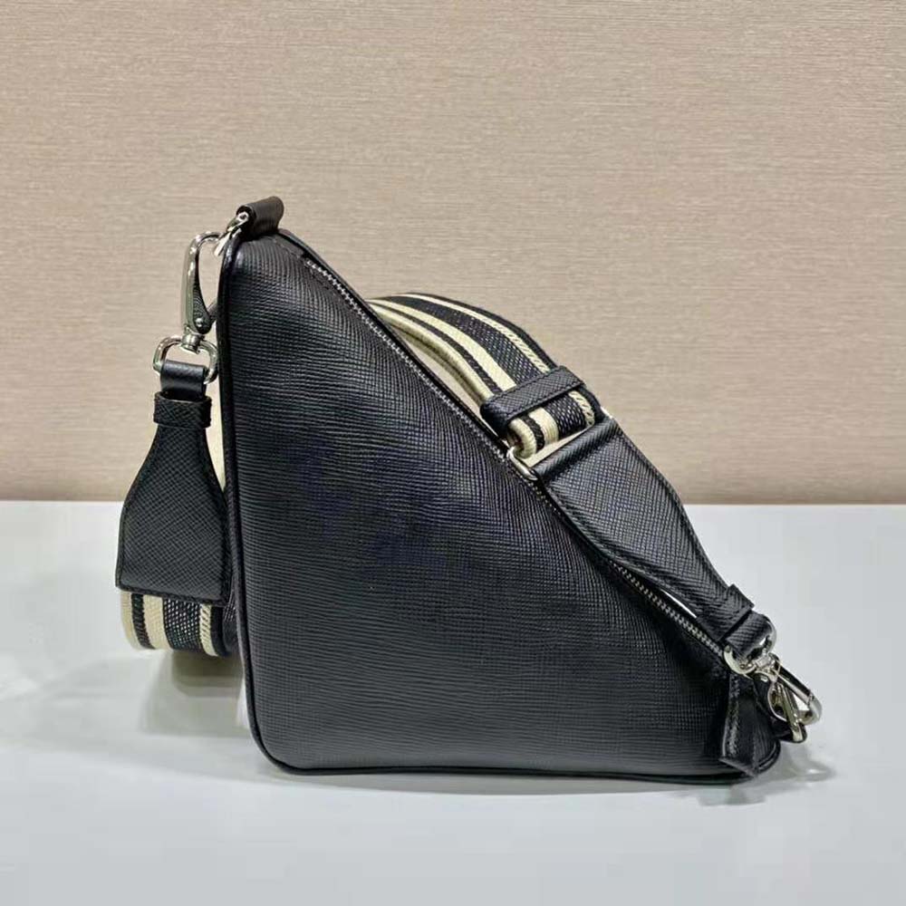 Side profile showing compact shape of Prada Women Saffiano Prada Triangle Bag-Black