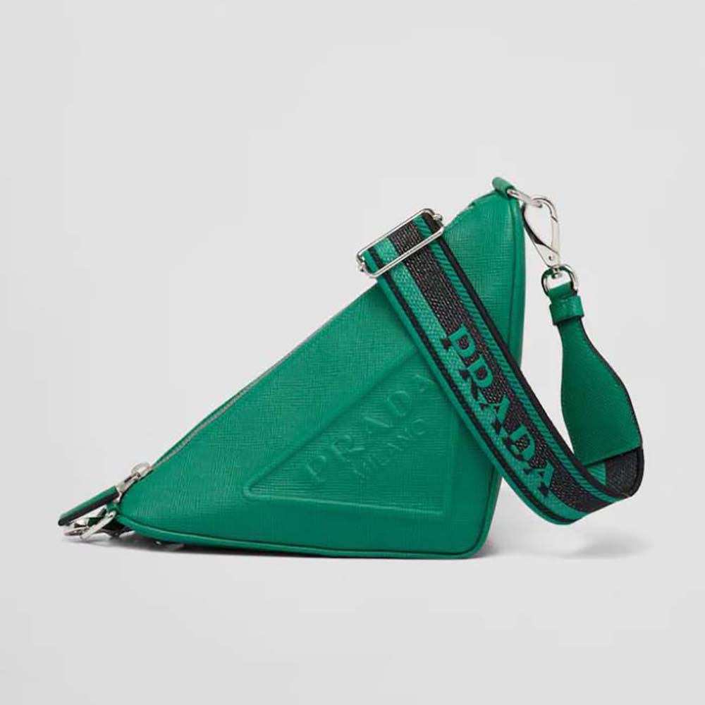 Front view of Prada Women Saffiano Prada Triangle Bag-Green with zipped closure