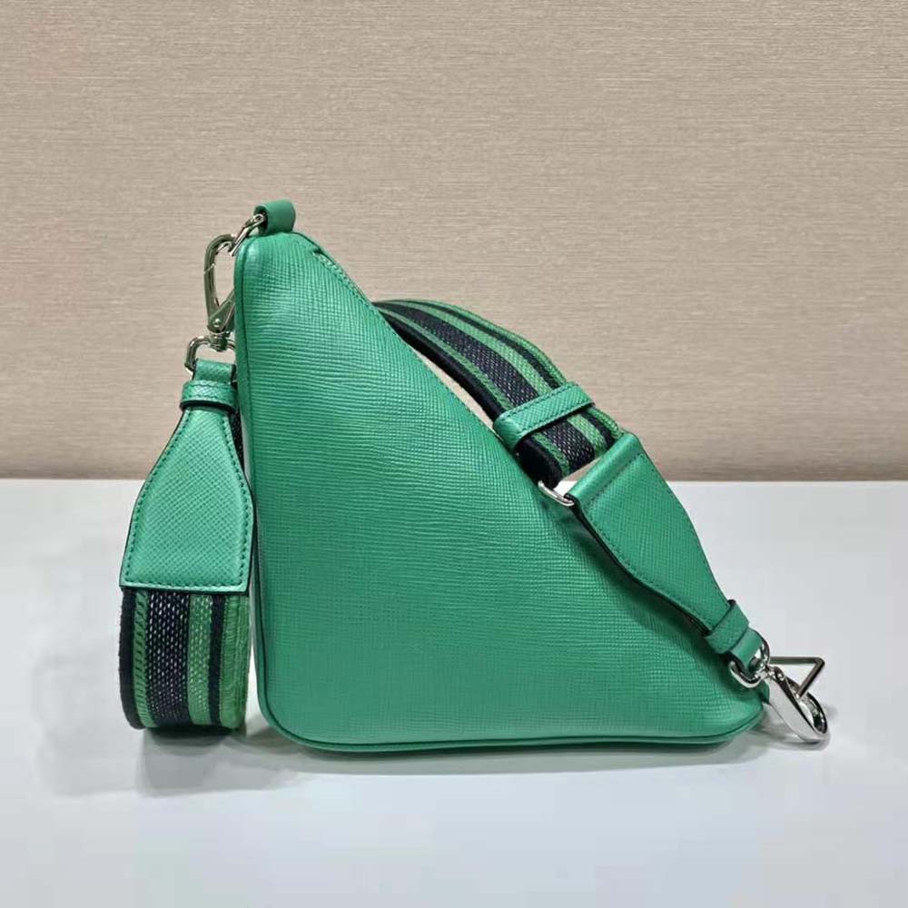 Side angle showing structured silhouette of Prada Women Saffiano Prada Triangle Bag-Green