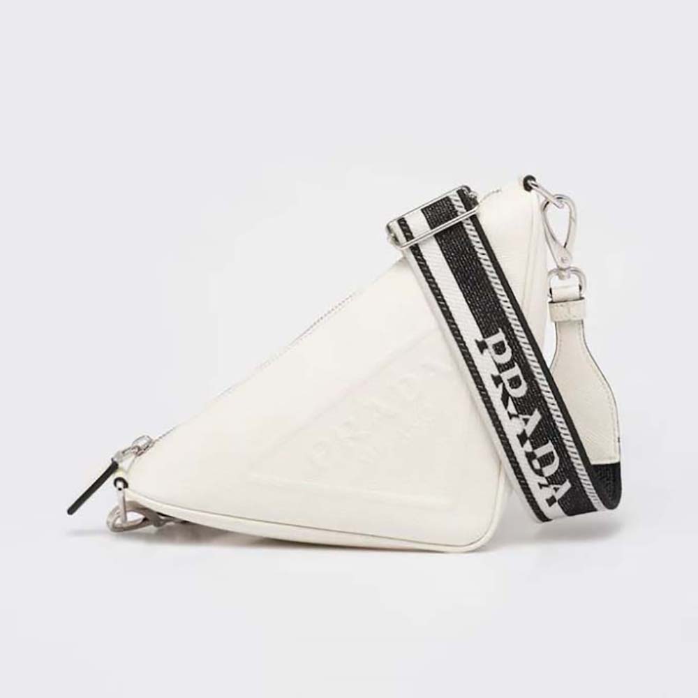 Front view of Prada Women Saffiano Prada Triangle Bag-White showcasing triangular silhouette