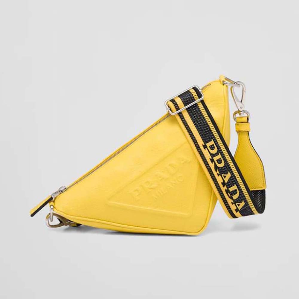 Front view of Prada Women Saffiano Prada Triangle Bag-Yellow with gold hardware