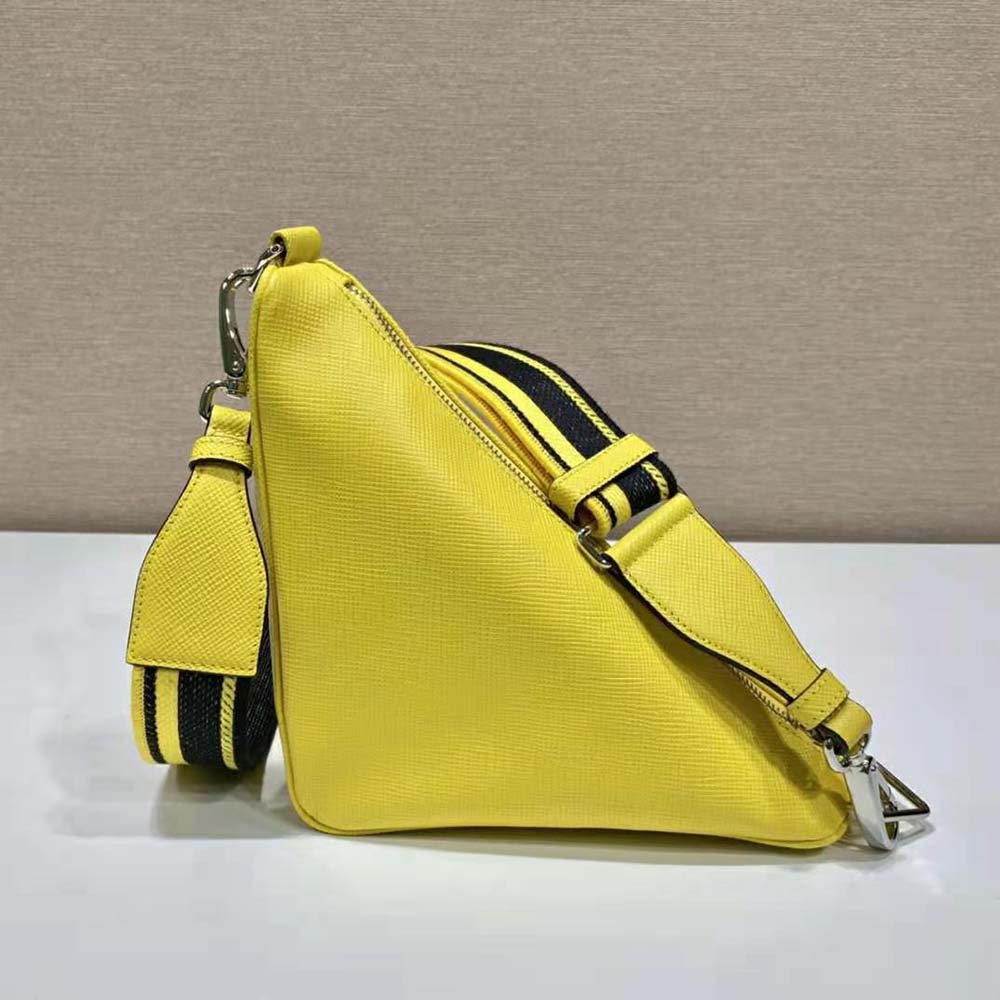 Side angle showing adjustable strap of Prada Women Saffiano Prada Triangle Bag-Yellow