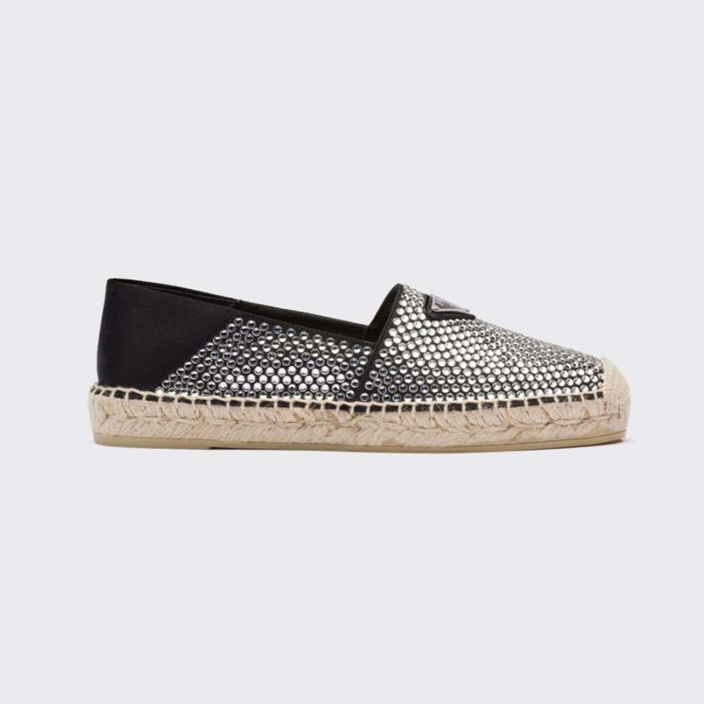 Front angle of Prada Women Satin Espadrilles with Crystals-Black