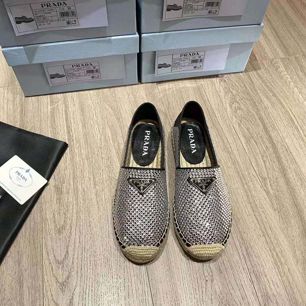 Close-up detail of crystal embellishments on Prada Women's espadrille
