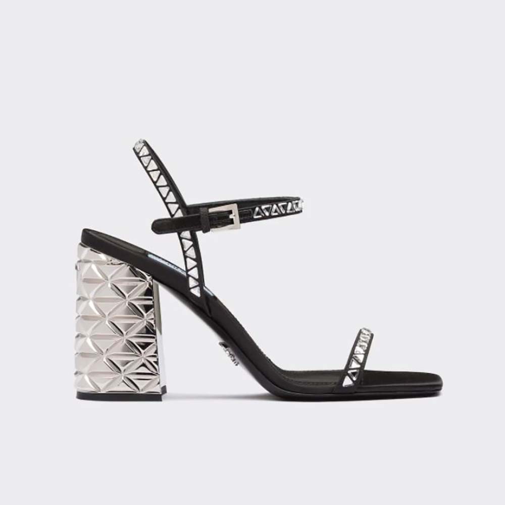 Side view of Prada Women Satin Sandals with Crystals in 90mm Heel Height-Black