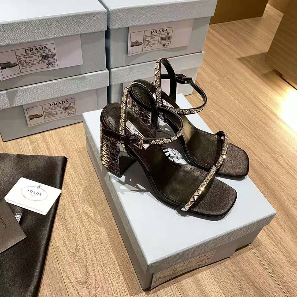 Close-up on crystal-embellished straps of Prada Women Satin Sandals