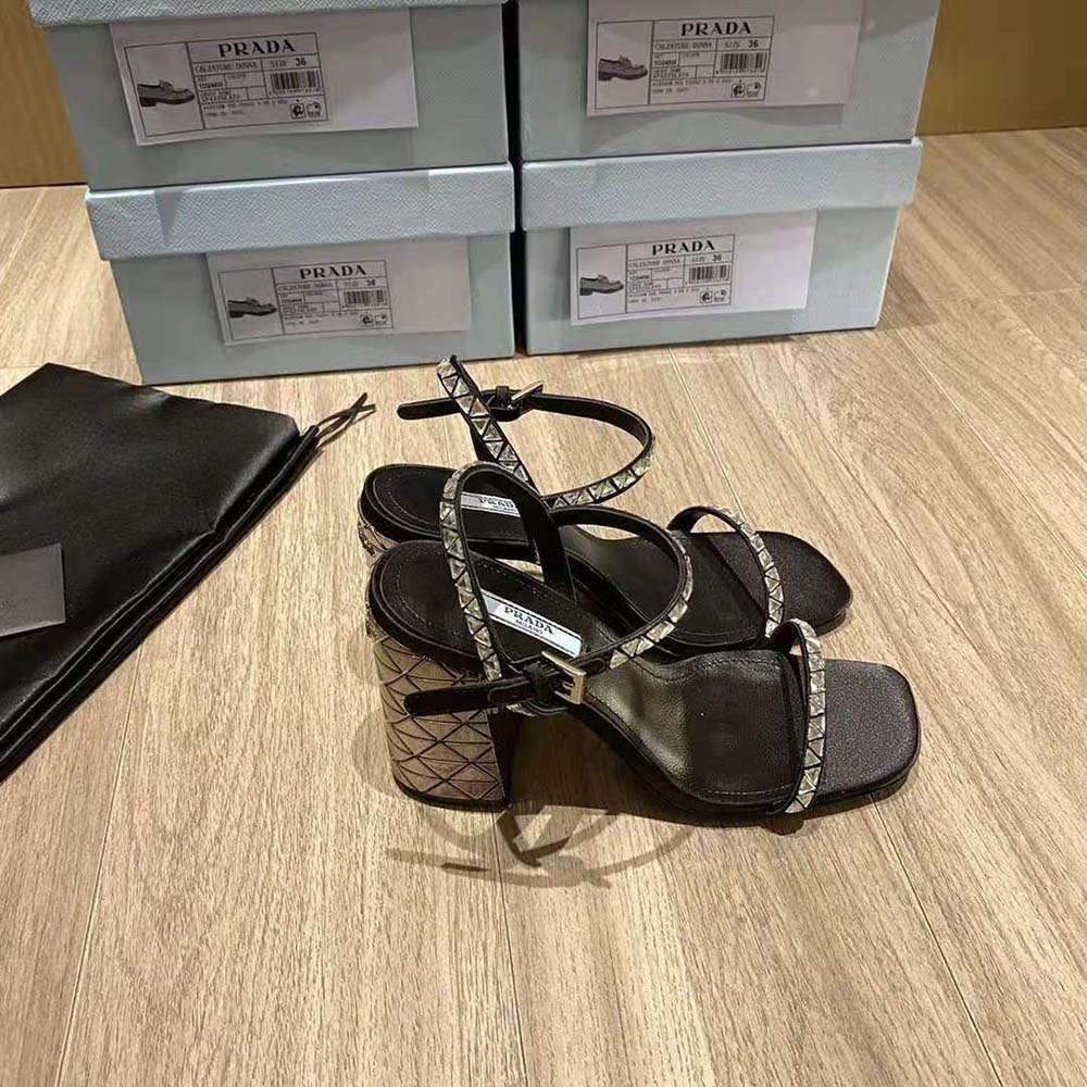 Prada Women Satin Sandals with Crystals in 90mm Heel Height-Black - image 7