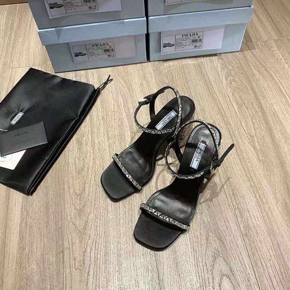 Prada Women Satin Sandals with Crystals in 90mm Heel Height-Black - image 4