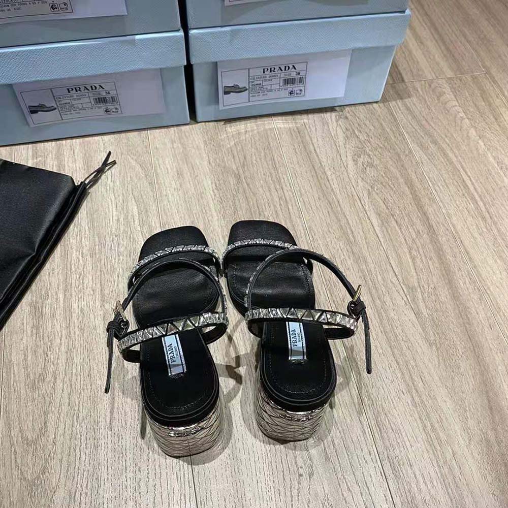 Prada Women Satin Sandals with Crystals in 90mm Heel Height-Black - image 6