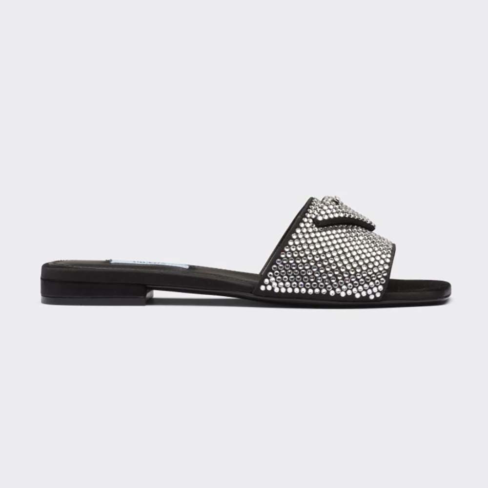Side view of Prada Women Satin Slides with Crystals-Black showing satin strap