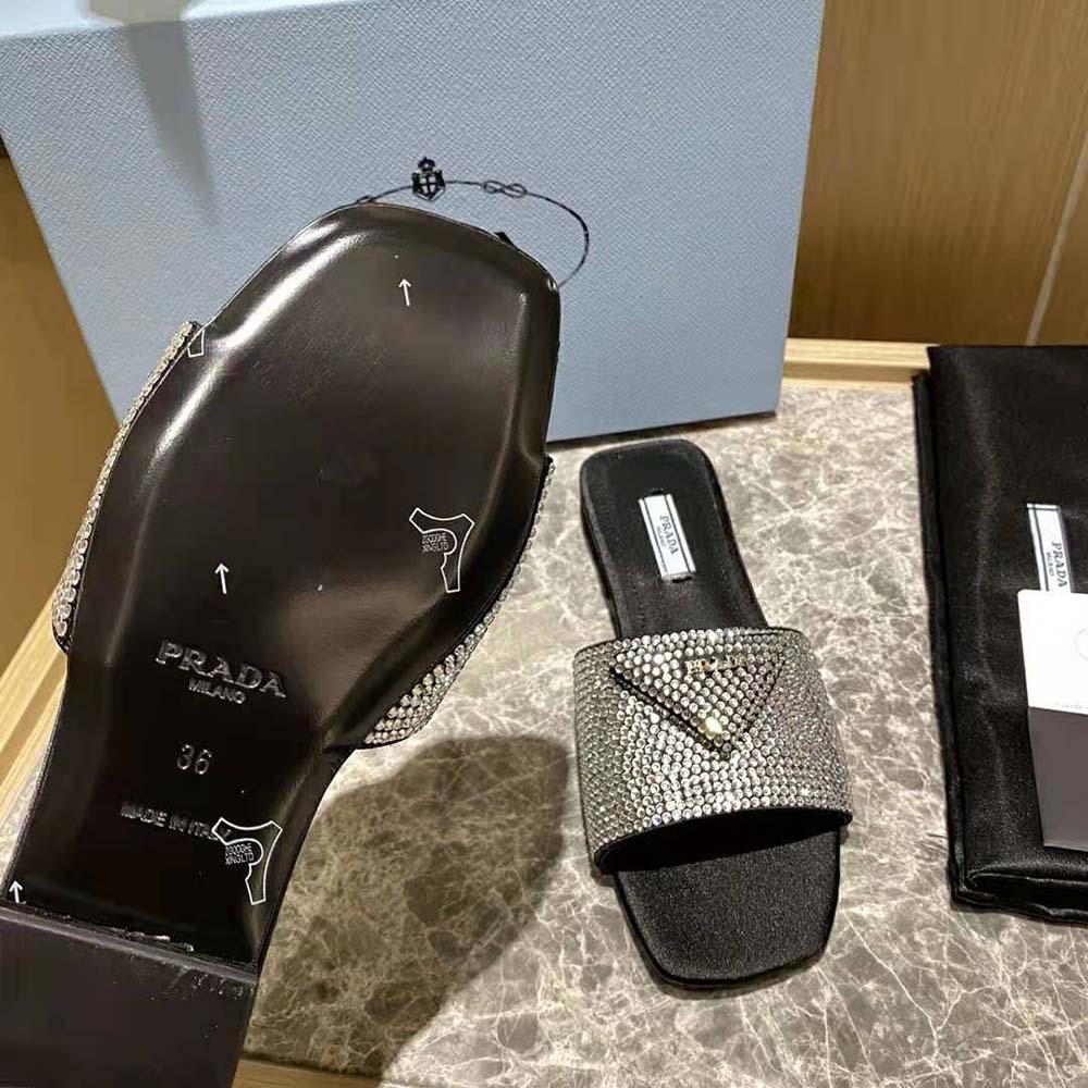 Prada Women Satin Slides with Crystals-Black - image 10