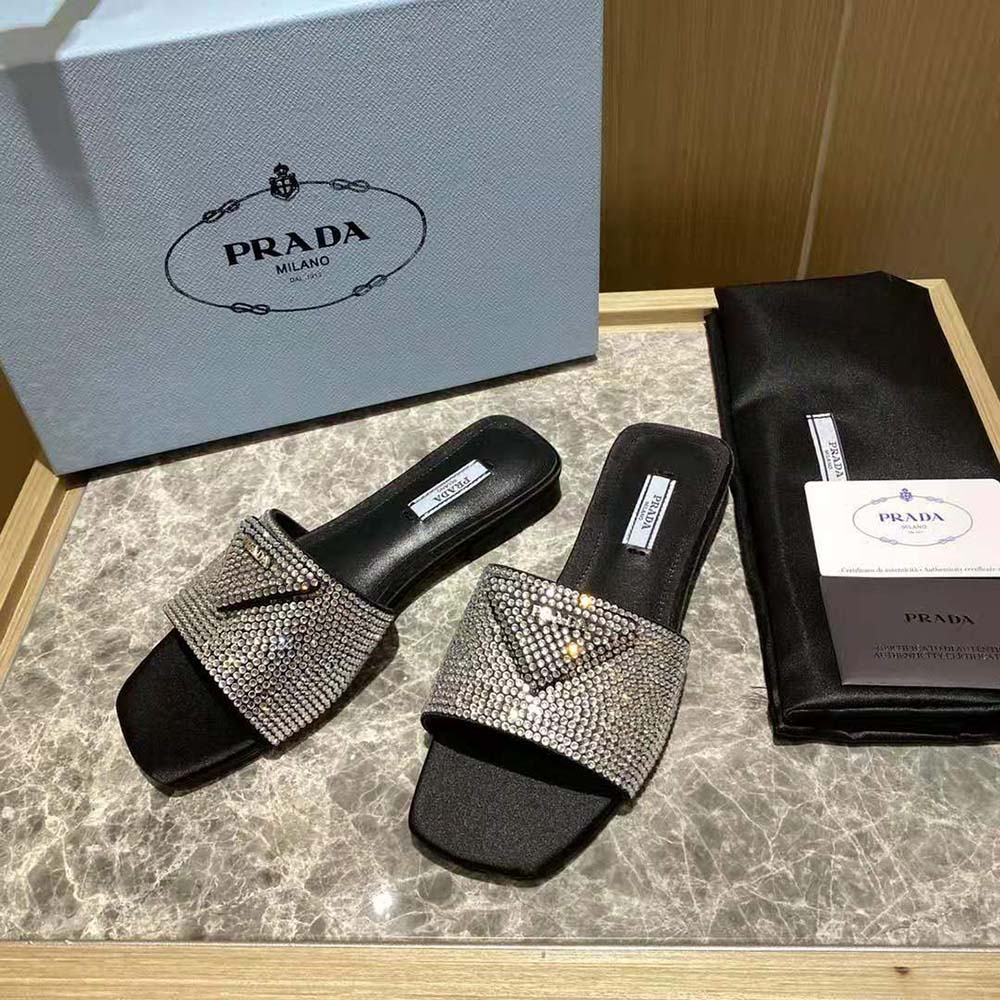 Top angle of Prada Women Satin Slides with Crystals-Black highlighting leather insole