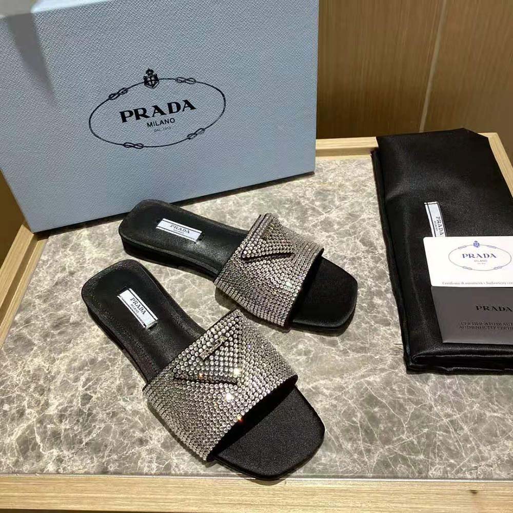Prada Women Satin Slides with Crystals-Black - image 4