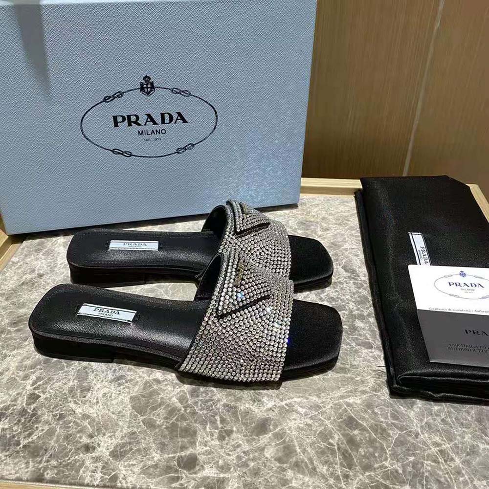 Prada Women Satin Slides with Crystals-Black - image 5