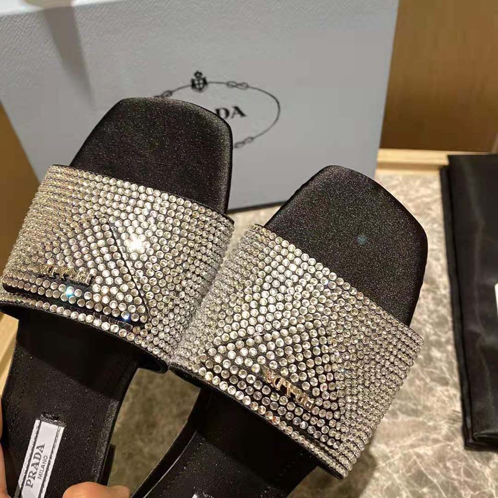 Prada Women Satin Slides with Crystals-Black - image 8