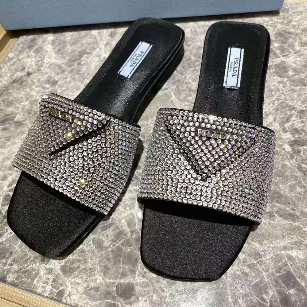 Prada Women Satin Slides with Crystals-Black - image 6