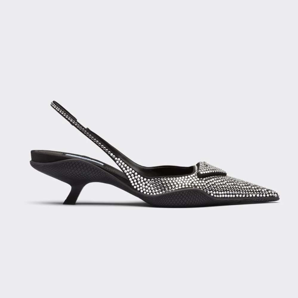 Side view of Prada Women Satin Sling-Back Pumps with Crystals in black satin