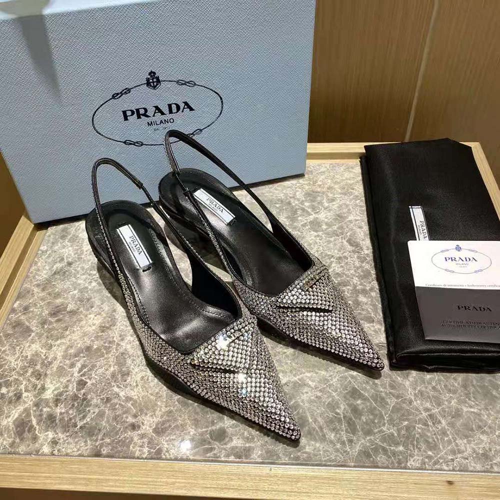 Rear angle showing sling-back strap on Prada Women Satin Sling-Back Pumps